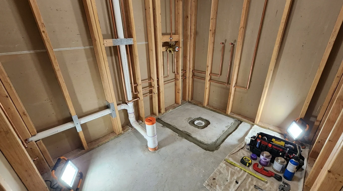 Bathroom rough-in plumbing during remodel by Johns Plumbing LLC in Panama City