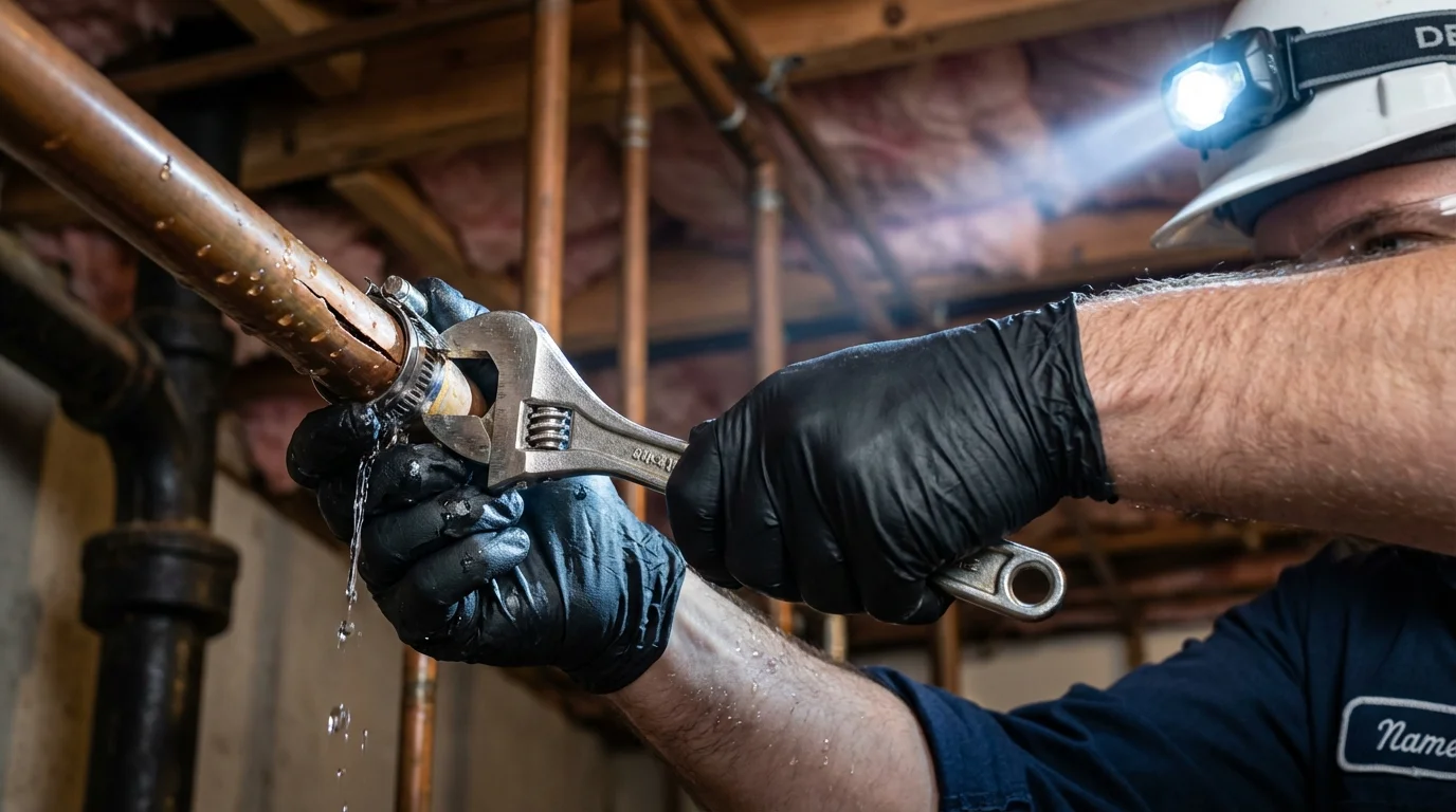 Emergency pipe clamp repair being performed by a Johns Plumbing LLC plumber in Panama City
