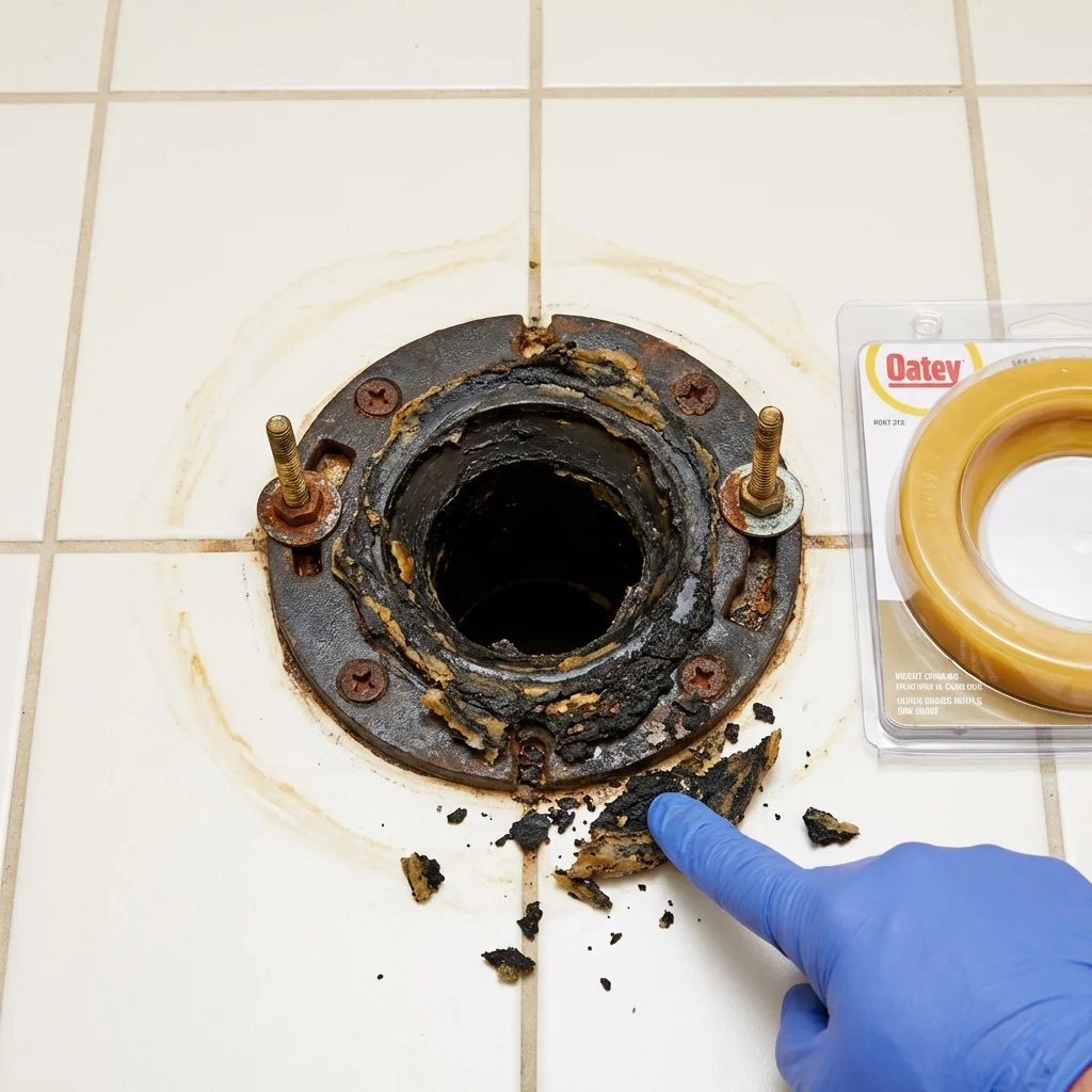 Failed wax ring showing water seepage at the base of a toilet in a Panama City, FL home