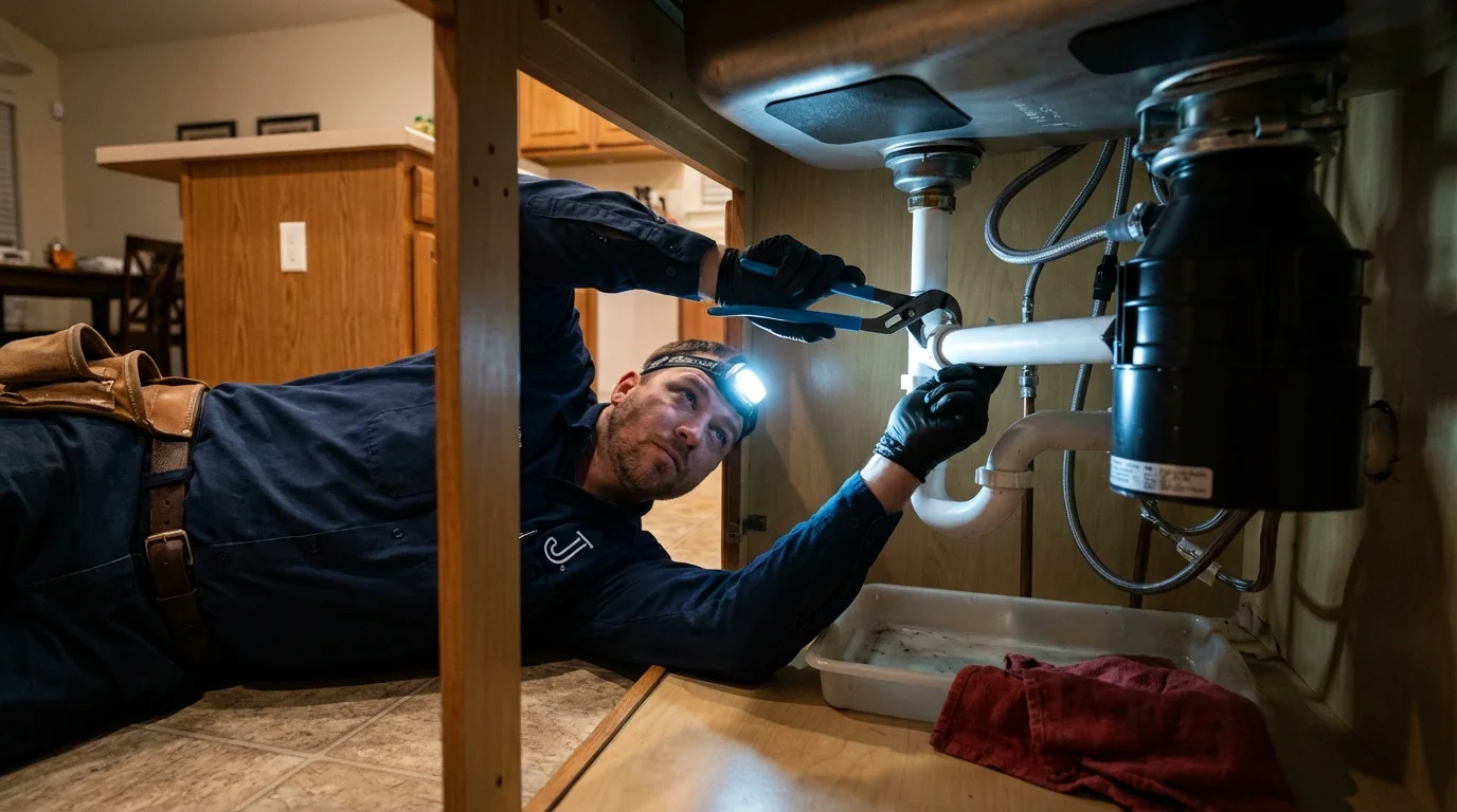 P-trap and supply line connections under a kitchen sink showing a common leak point in Panama City, FL